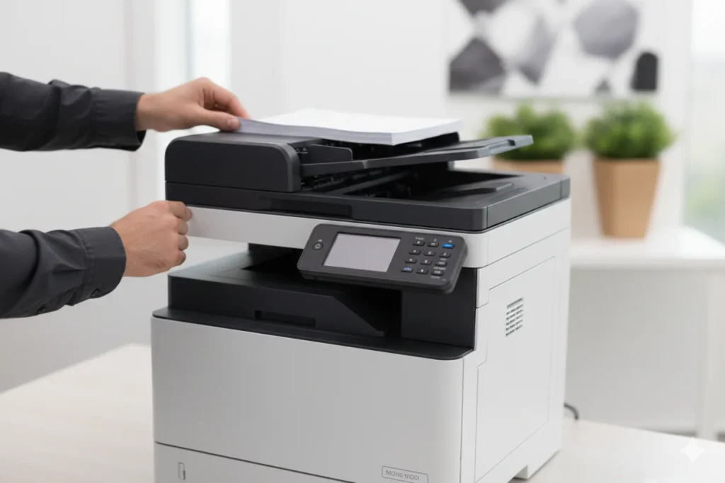 Close up of an office worker operating a high-speed multi-function copier in a Dallas financial district office.
