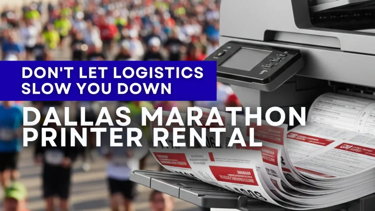 Dallas Marathon Printer Rental high-speed copier printing race bibs and waivers, with blurred runners and the Dallas skyline in the background.