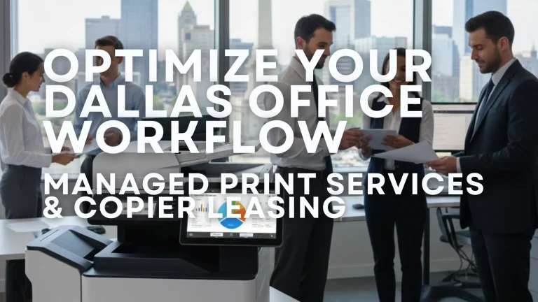 Professional business team in a Dallas office using a modern multifunction copier with a view of the Dallas skyline, illustrating Managed Print Services (MPS) and copier leasing.