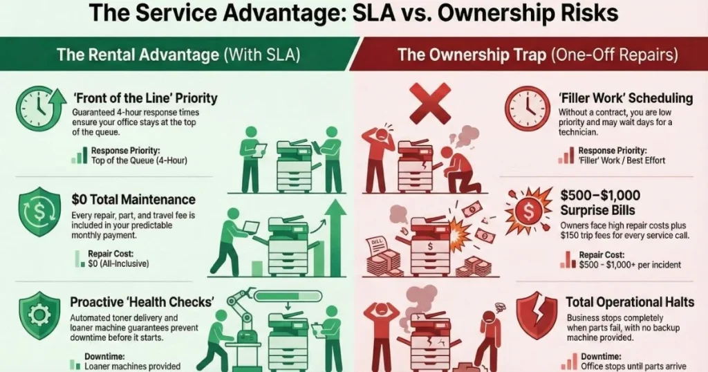 Comparison chart for Dallas offices showing rental benefits like 4-hour response times versus ownership risks like $1,000 repair bills.