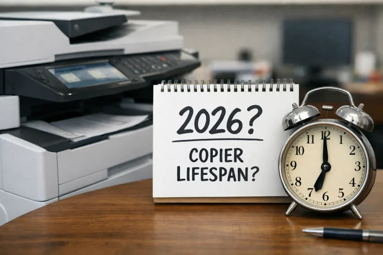 A desktop calendar and alarm clock next to a modern office copier questioning the average machine lifespan for Dallas businesses in 2026.