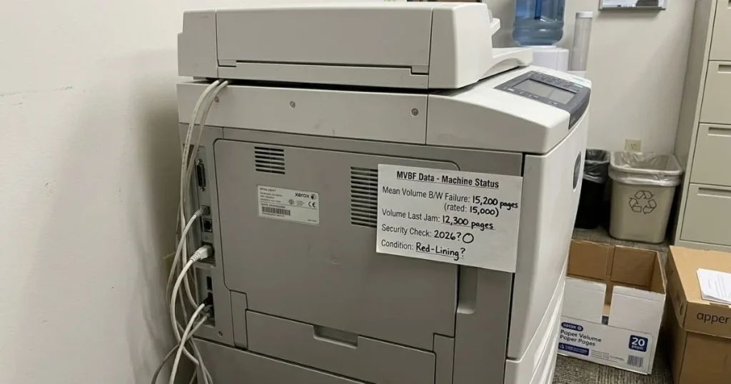 Back view of a Xerox copier featuring a machine status sign displaying MVBF data of 15,200 pages to monitor hardware health.