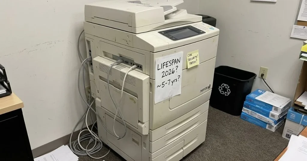 An older Xerox copier in a Dallas office corner with a handwritten note regarding its 2026 lifespan and security patch requirements.