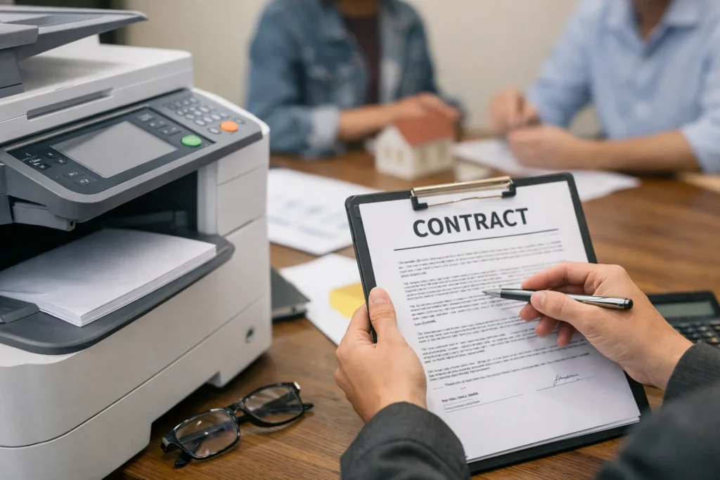 A close-up of a business professional reviewing a Dallas copier lease contract to avoid traps.