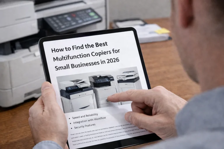 A business professional in Dallas using a tablet to configure multifunction copiers for cloud scanning and remote printing.