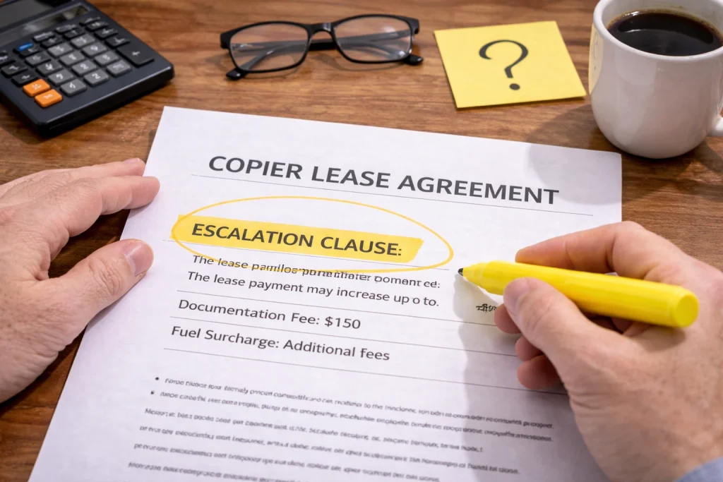 Hand highlighting a clause in a Dallas Copier Lease Agreement to ensure all terms are understood.