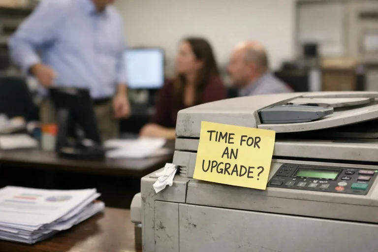 A dusty office printer with a yellow sticky note asking "Time for an upgrade?" in a Dallas office.