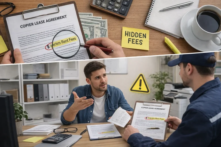A magnifying glass highlighting "Interim Rent Fees" and a man discussing Dallas copier lease traps.