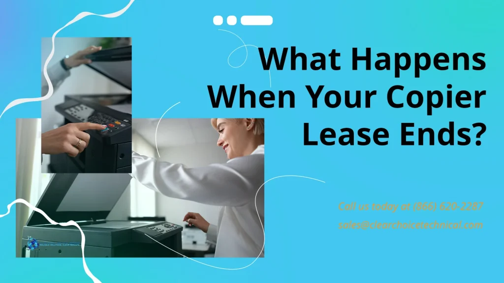 What happens when your copier lease ends teal gradient graphic with businesswomen using office copiers in Dallas TX