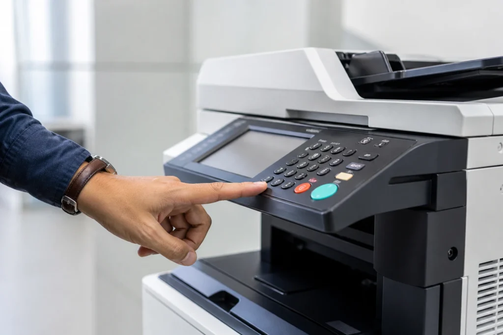 Business person pressing button on office copier control panel for a leased copier in Dallas TX