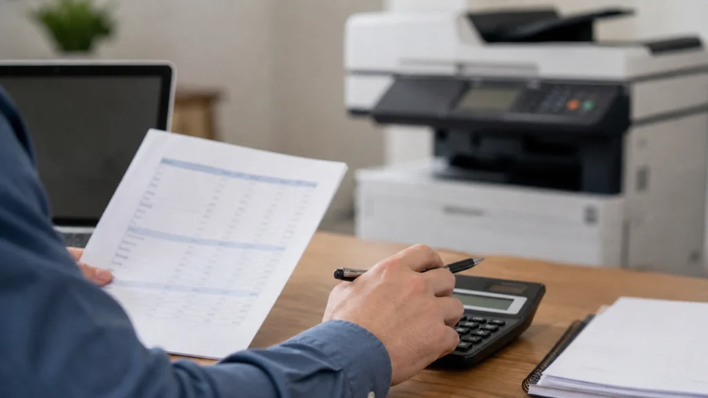Business owner reviewing financial report with calculator while budgeting for copier lease costs in Dallas TX