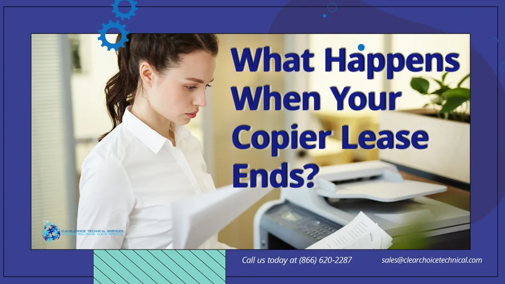 What happens when your copier lease ends graphic with businesswoman reviewing documents next to office copier in Dallas TX