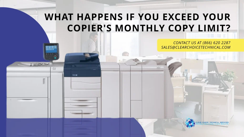 Large Xerox copier in a Dallas office where businesses exceed copier monthly copy limit and face overage charges