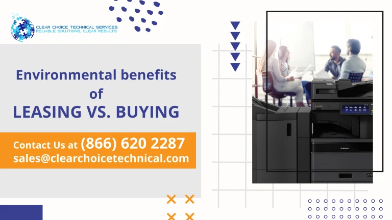Business graphic highlighting "Environmental benefits of LEASING VS. BUYING" alongside a Toshiba copier photo overlay.